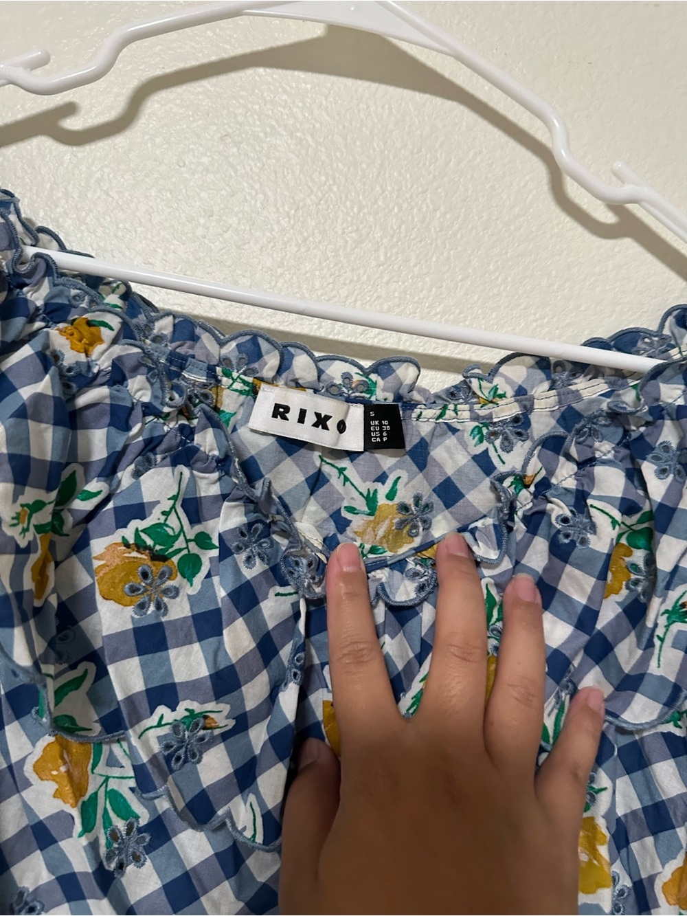 Rixo London Birdie Top Blue Gingham Off-Shoulder Floral Blouse - Picture 4 of 5